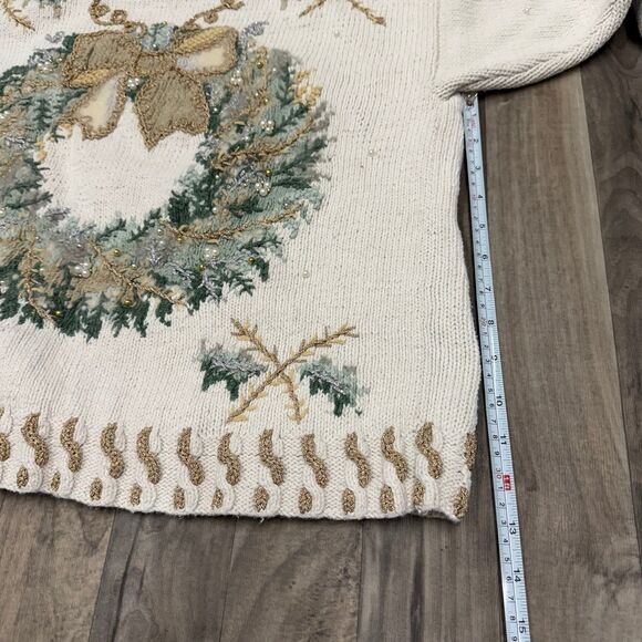 Vintage Christmas Wreath hand knit embellished intarsia mock neck sweater - Picture 2 of 6